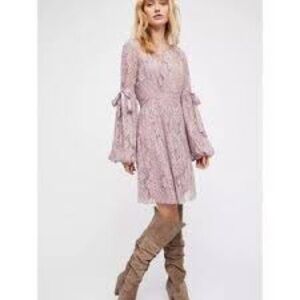 Free People - Ruby Sheer Lavender Lace Above The Knee Tie Sleeves Mini Dress XS